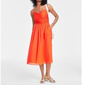 Orange Ruched Midi Sundress